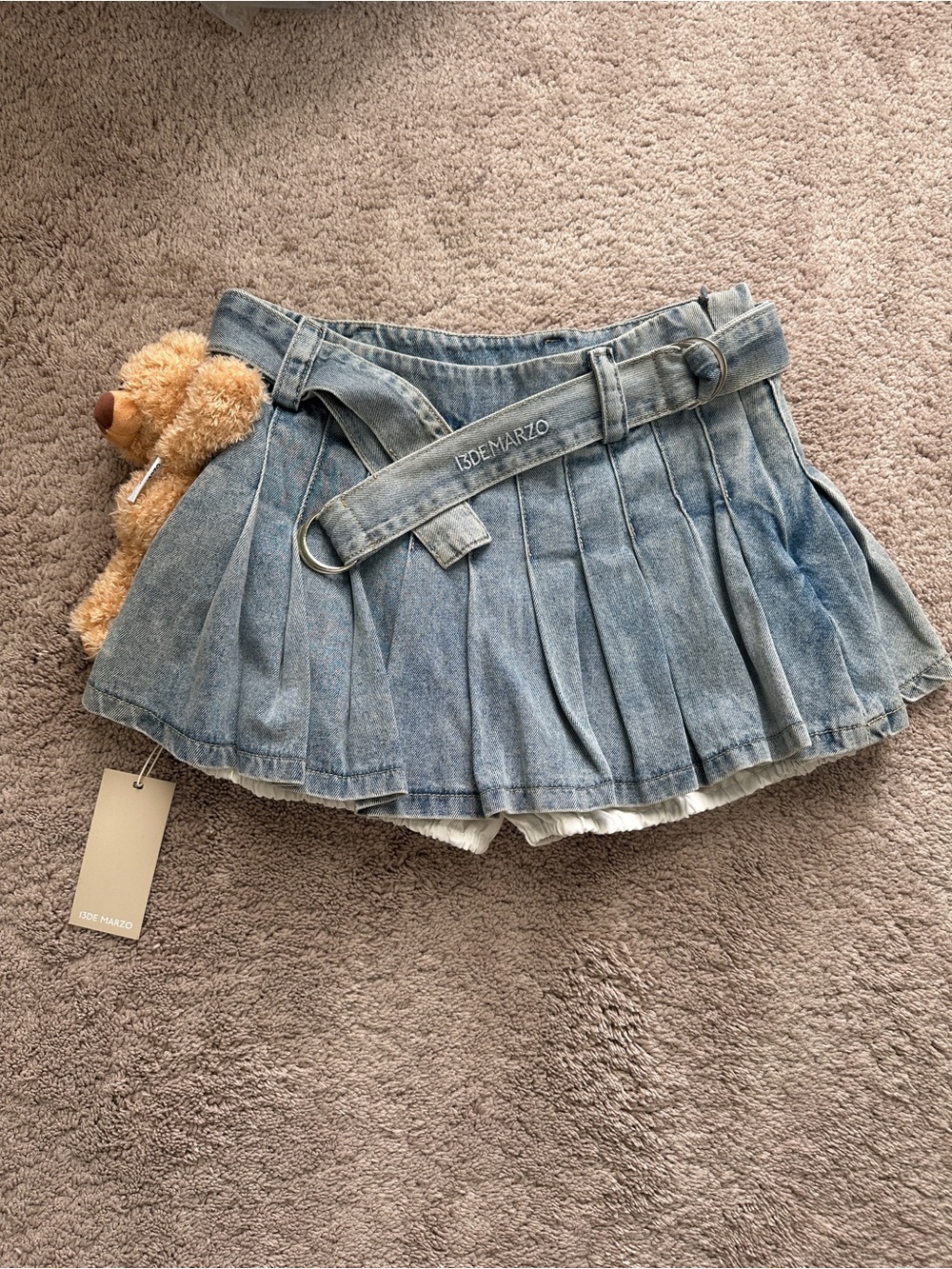 13DE Marzo Pleated Denim Mini Skirt with Belt